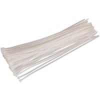White Sealey cable ties, 380 x 4.8mm, pack of 100, long and thin with a smooth finish and locking teeth.