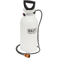 Sealey DST08 white dust suppression water tank with black handle, hose, and orange nozzle.