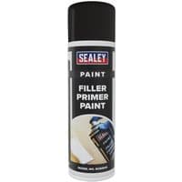Sealey Filler Primer Aerosol Spray Paint, black cap, white and black label with red Sealey logo.