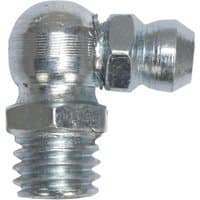 Sealey 90° grease nipple, silver metal, 1/4" UNF thread, hexagonal base, angled nozzle.