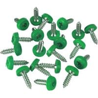 Green plastic enclosed head number plate screws with silver metal threads.