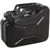 Black Sealey 10L jerry can with secure cap, embossed logo, and rectangular shape with reinforced edges.