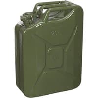 Green Sealey JC20G 20L jerry can with robust metal construction and secure spout cap.