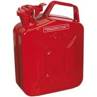 Red Sealey 5L jerry can with a secure cap and handle, featuring a rectangular shape and embossed details.