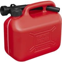 Red Sealey 5L fuel can with black spout, ergonomic handle, and embossed logo on the side.