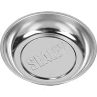 Round silver Sealey magnetic collector tray with embossed Sealey logo in the center.