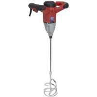 Red and gray Sealey electric paddle mixer drill with dual handles and long mixing paddle attachment.