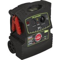 Black Sealey Premier jump starter with red clamps, LED indicators, and handle, featuring RoadStart branding and wheels.