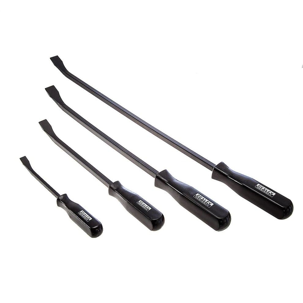 Four-piece prybar set featuring black steel shafts and ergonomic rubber grips, varying in length for versatile use, ideal for prying and lifting tasks.