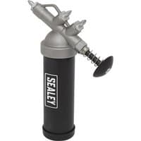 Black and silver Sealey Push Mini Grease Gun with dual nozzles and ergonomic handle.