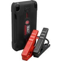Black Sealey RS800 jump starter with red and black clamps, compact design, and lithium-ion battery.
