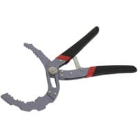 Sealey Self Adjusting Angled Oil Filter Pliers with black and red rubber grips and serrated jaws.