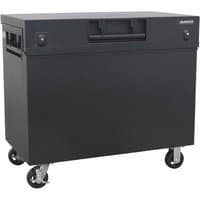 Black Sealey site box with wheel kit, rectangular shape, side handles, and lockable lid.