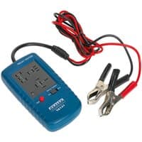 Blue Sealey TA131 Relay Tester with black and red cables, alligator clips, and labeled buttons.