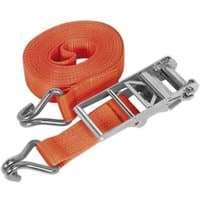 Orange Sealey ratchet strap with metal hooks and buckle, 75mm wide, 10m long, 10000kg breaking strength.