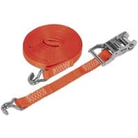 Orange Sealey ratchet strap with metal hooks and ratchet mechanism, 25mm wide, 10m long, 1500kg breaking strength.