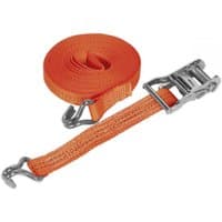 Orange Sealey ratchet strap, 35mm x 10m, with metal hooks and ratchet, 2000kg breaking strength, polyester webbing.