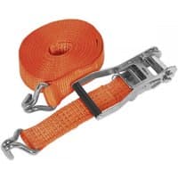 Orange Sealey ratchet strap with metal hooks and ratchet mechanism, 50mm x 8m, 5000kg breaking strength.