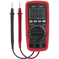 Red Sealey digital multimeter with black and red probes, large display, and rotary dial for 11 functions.