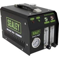 Black Sealey VS869 EVAP smoke diagnostic leak detector with pressure gauge, control knobs, and green Sealey logo.
