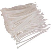 White Sealey cable ties, bundled stack, plastic material, self-locking mechanism, varying lengths.