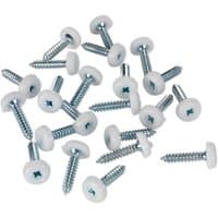 White plastic enclosed head screws with silver metal threads, designed for securing number plates.