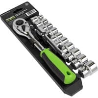 Siegen 12 Piece 1/2" Drive Hex Socket Set with green-handled ratchet and chrome sockets on black holder.
