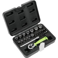 Black plastic case with Siegen 25 Piece 1/4" Drive Hex Socket Set, includes ratchet handle and various sockets.