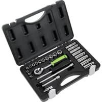 Black Siegen 26 piece hex socket set in a hard case, includes ratchet, extension bars, and various sockets.