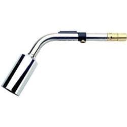Promatic soft flame burner with a 38mm nozzle, featuring a shiny chrome finish, curved metal design, and a brass connector for gas attachment.