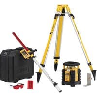 Yellow Stabila LAR 350 rotation laser level with tripod, black carrying case, red laser glasses, and measuring rod.