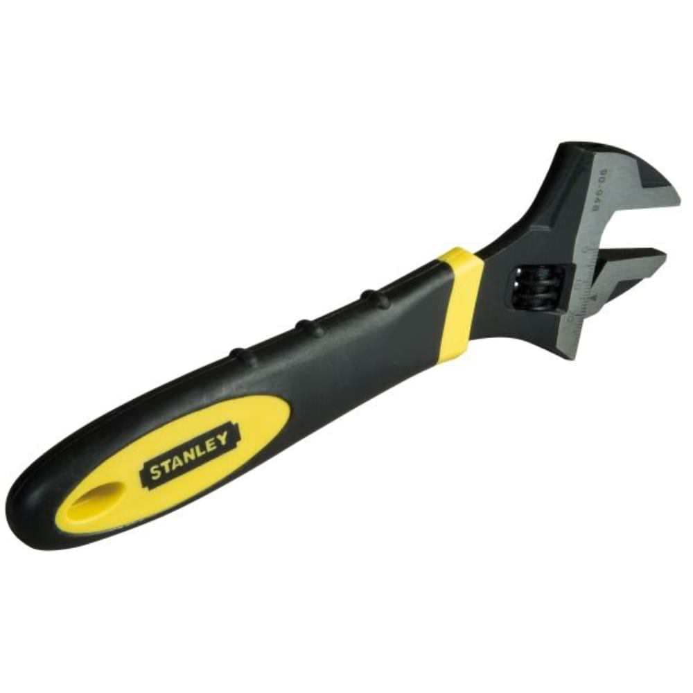 Black and yellow adjustable wrench with a 250mm length, featuring a textured rubber grip and a chrome-plated jaw for durability and ease of use.