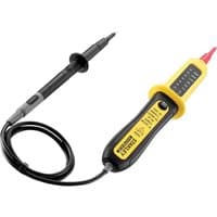 Yellow and black Stanley voltage tester with LED display and dual probes connected by a coiled cable.