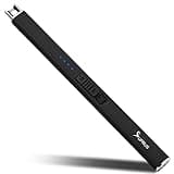Black SUPRUS electric lighter with arc tip, safety lock, USB port, and LED indicators for candles and camping.