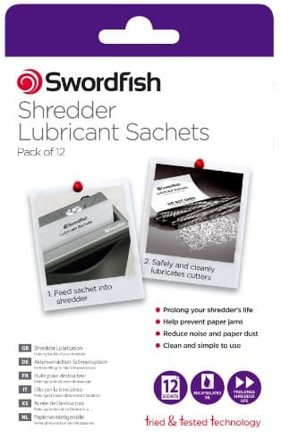 Swordfish Shredder Lubricant Sachets pack contains 12 sachets, featuring a white and purple design with instructions for use and benefits printed on the packaging.