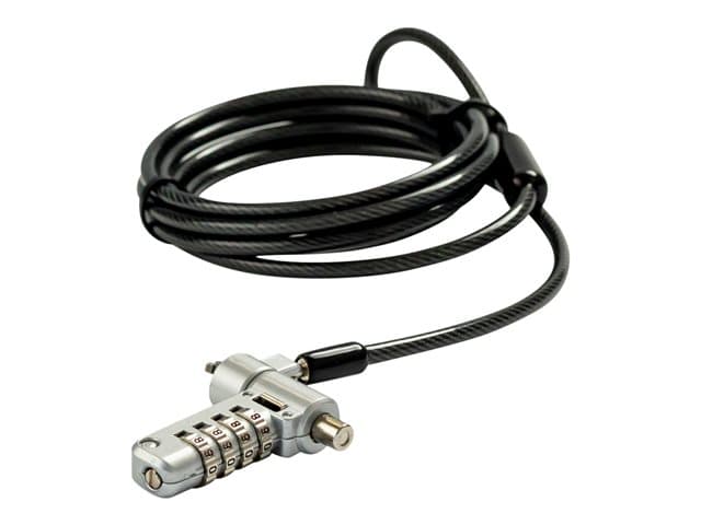Silver combination lock with a four-digit code, attached to a durable black cable, designed for securing laptops and devices, featuring a compact and portable design.