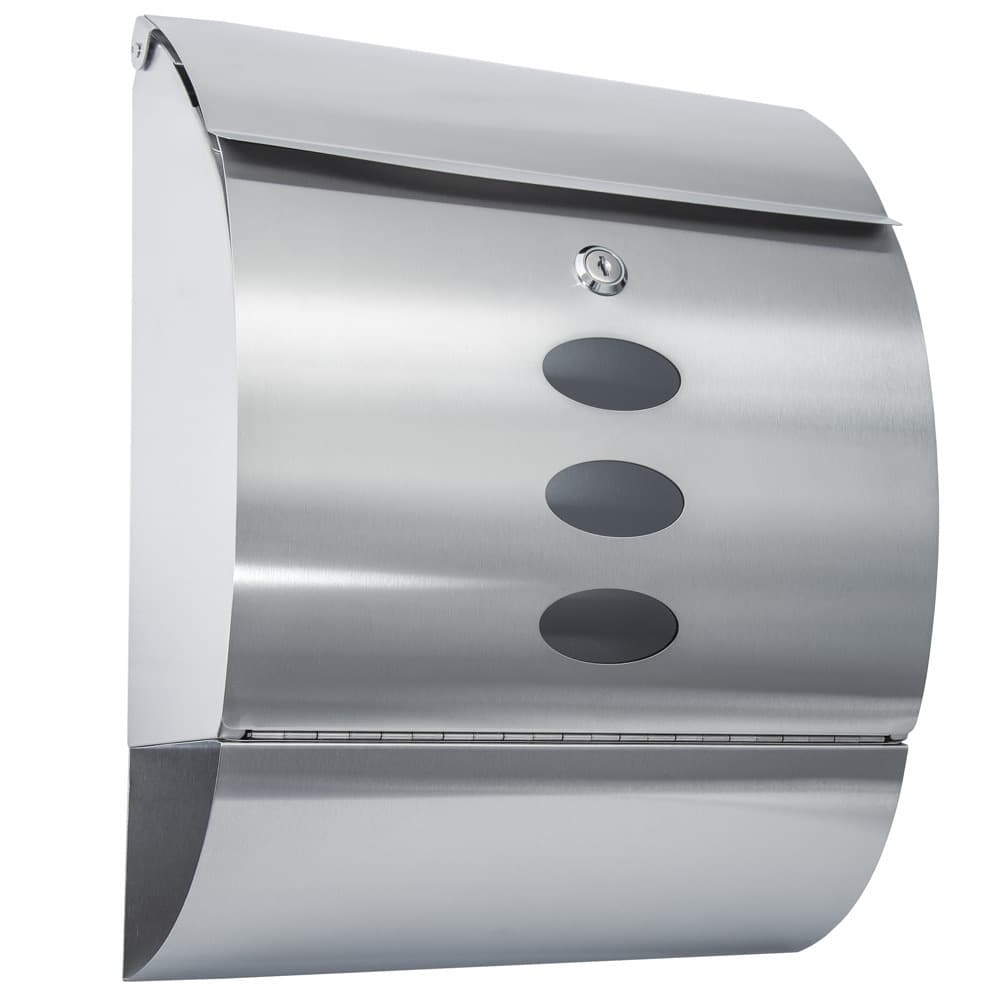 Silver stainless steel post box with a curved design, large slot for letters, and a compartment for newspapers, measuring 300 x 120 x 395mm, featuring three circular cutouts.