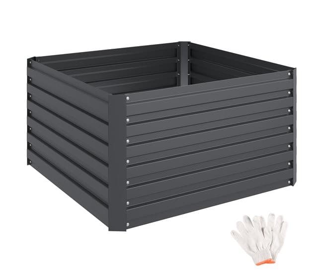 Galvanised grey raised garden bed with a 540-litre capacity, measuring 100x100x56 cm, featuring slatted sides and accompanied by a pair of white gardening gloves.