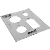 Clear plastic Trend cable tidy insert template with circular and rectangular cutouts.