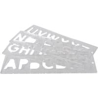 Clear plastic templates with uppercase letters, 57mm size, by Trend, arranged in overlapping layers.