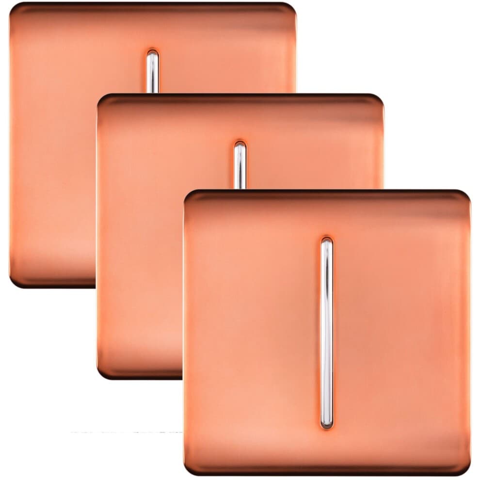 Glossy copper rocker light switches in a 3-pack, featuring a sleek chrome toggle and a modern square design, ideal for stylish home decor.