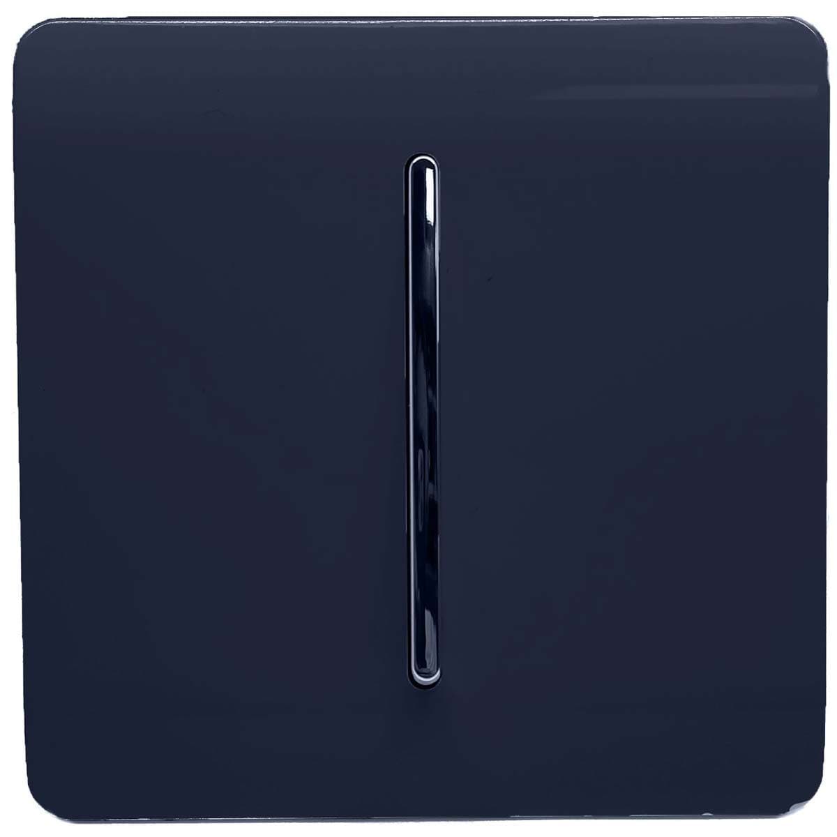 Navy blue 1 gang 2 way light switch with a sleek, glossy finish and a central vertical toggle, sold in a pack of three.