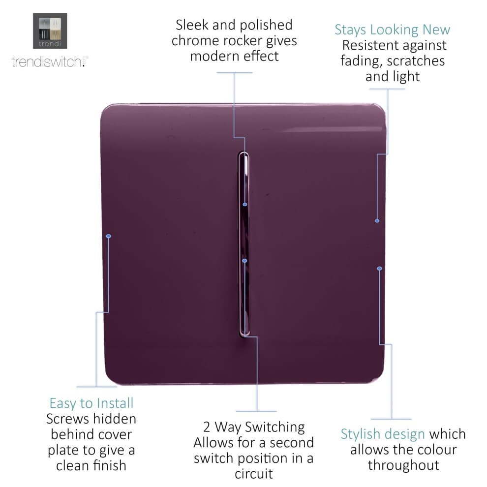 Trendi Switch 1 Gang 1 or 2 Way Plum Purple Rocker Light Switch 3 Pack - image 2