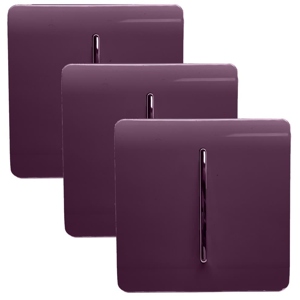 Glossy plum rocker light switches in a 3-pack, featuring a sleek chrome toggle, designed for 1 gang, 2 way, 10 amp functionality.