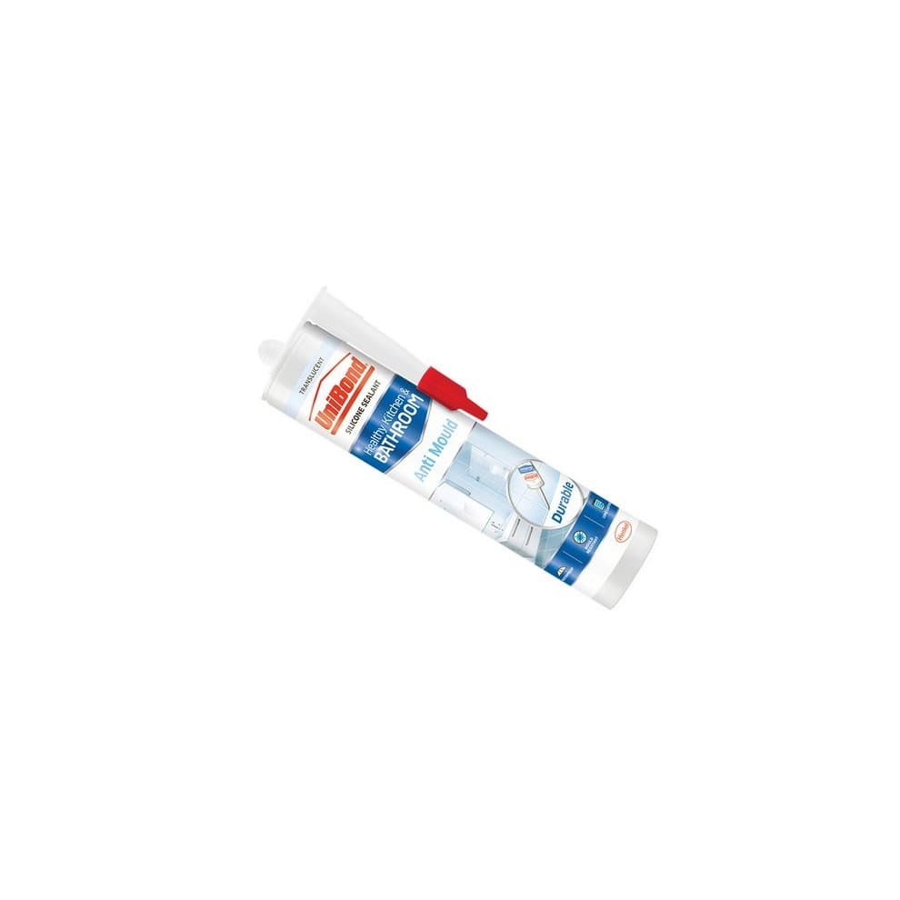 UniBond 2079323 Anti-Mould Kitchen & Bathroom Sealant Cartridge, featuring a white tube with blue and red accents, designed to prevent mould in wet areas.