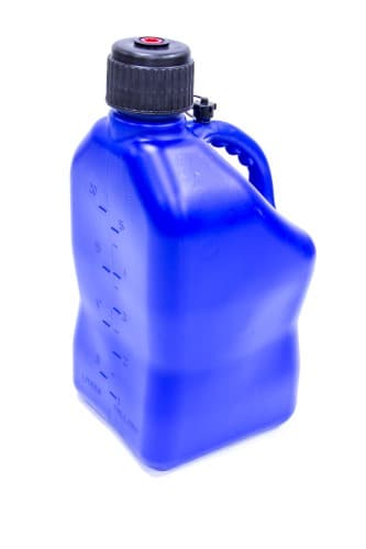 Blue 5-gallon motorsport container by VP Racing Fuels, featuring a sturdy handle, measurement markings, and a secure black cap with a red button.