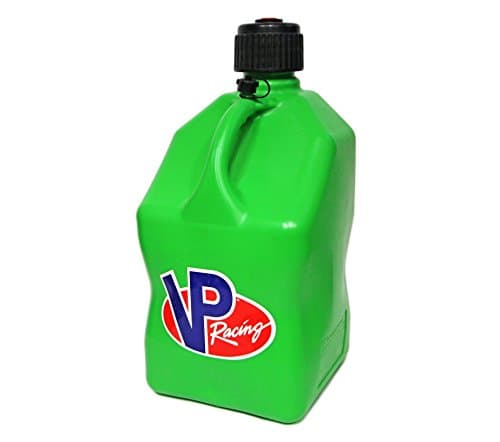 Bright green 20L fuel churn container made of durable plastic, featuring a black screw cap and a prominent red and blue VP Racing logo on the front.
