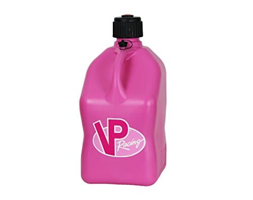 Bright pink 5-gallon motorsport container made of durable plastic, featuring a black screw cap and a prominent white VP Racing logo on the side.