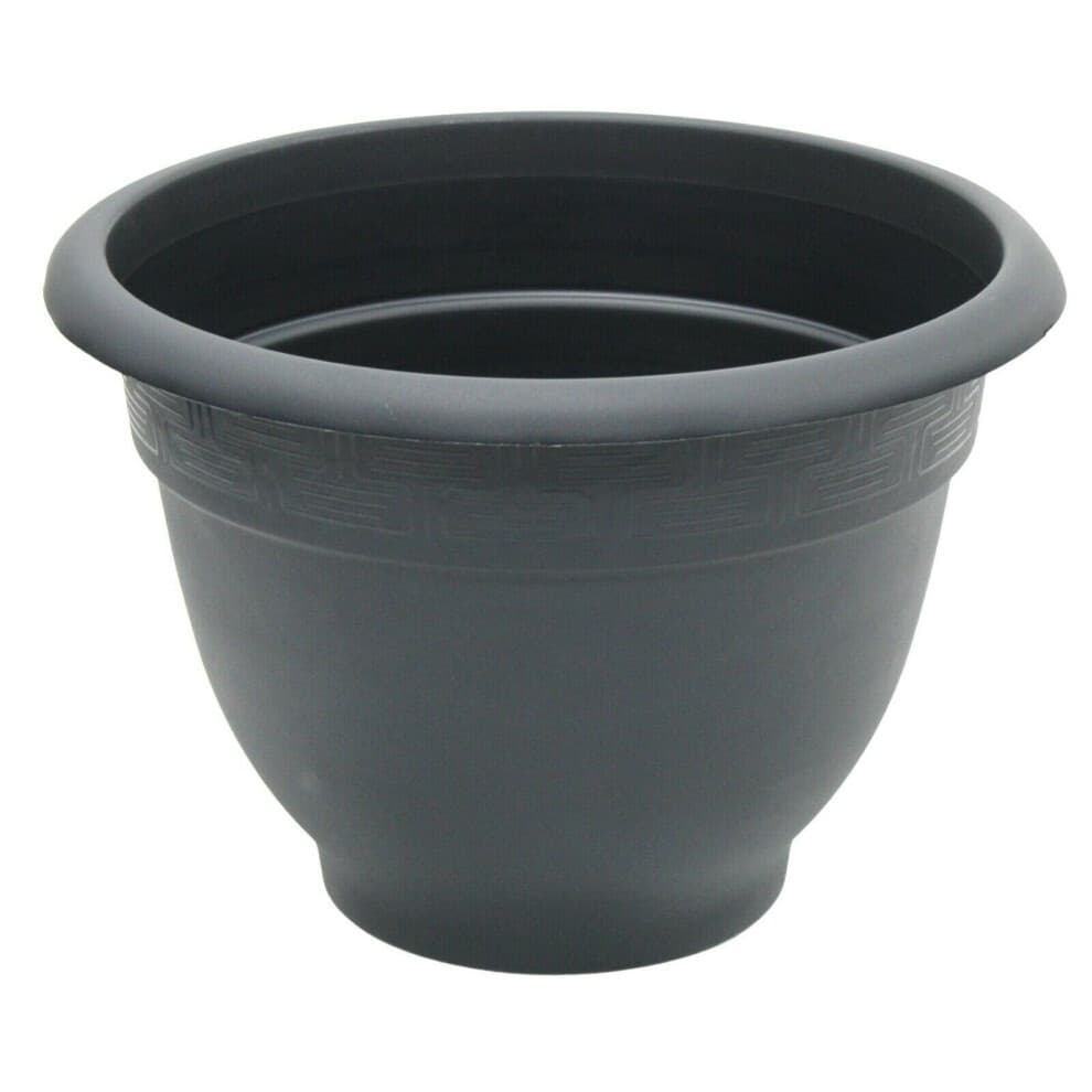 Large slate grey plastic bellpot planter, 44cm in diameter, featuring a rippled texture and a smooth rim, with a capacity of 28 liters.