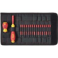 Red and yellow Wiha 19 piece VDE Slimvario screwdriver set in black fabric case with multiple interchangeable bits.